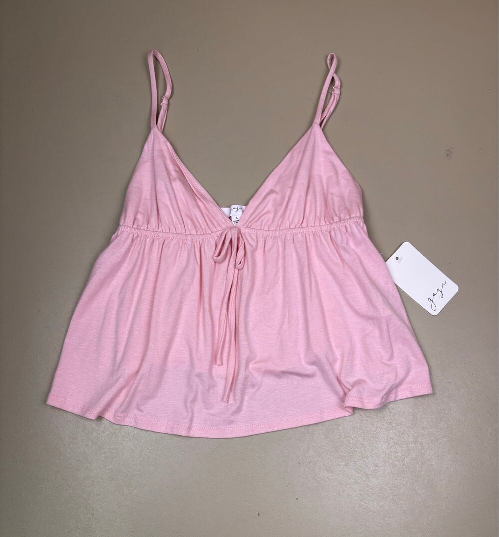 Gaze Women’s Large Pink Babydoll Cami Tank Top Tie Front Adjustable Straps NWT